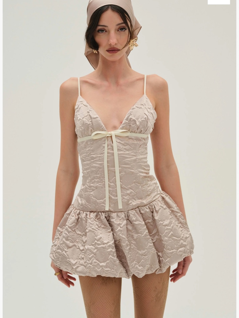 For Love & Lemons Bubble Satin Mini Dress Lace Up Ribbon Back Champagne M NWT